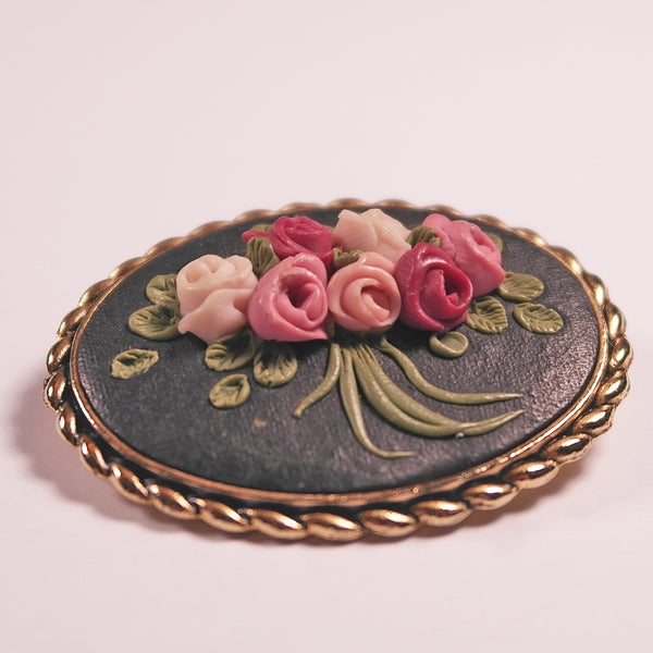 Oval 3D Floral Black and Pink Cameo style Brooch