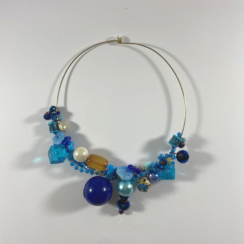 Blue Bead Wire Wrapped Torque Choker Necklace