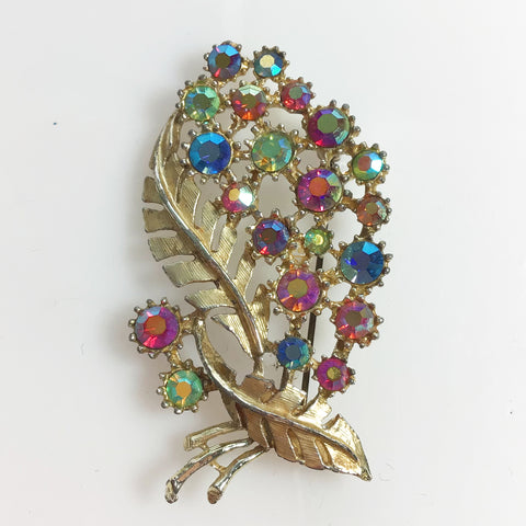 Aurora Borealis Bouquet and Leaf Brooch Signed Hollywood