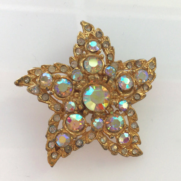 Gold Aurora Borealis Crystal Iridescent Star Brooch