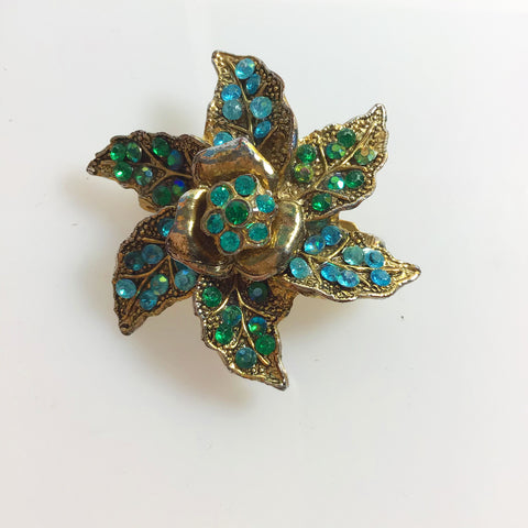 Green and Blue Rhinestone Floral Star Brooch