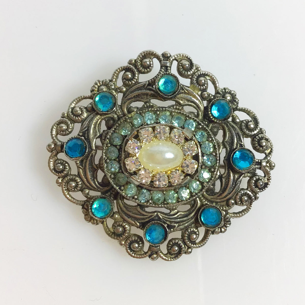 Vintage Czech filigree blue crystal brooch