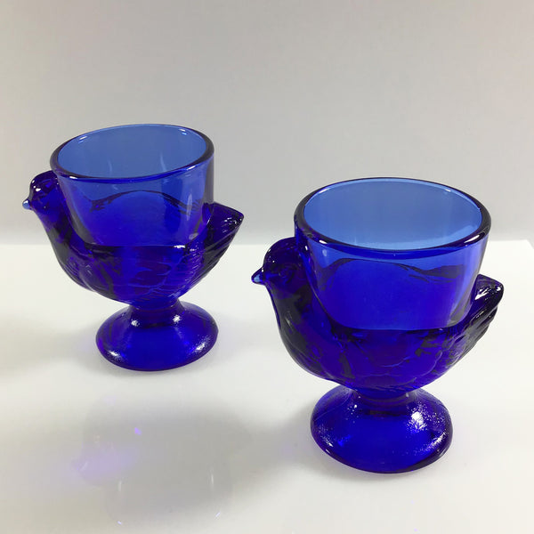 Vintage French Cobalt Blue Glass Chicken Egg Cups