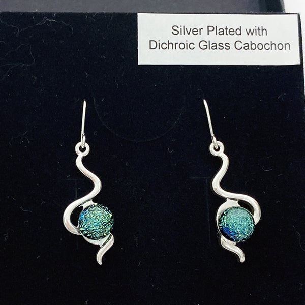 Green Dichroic Glass silver plated earrings.  Handmade by Shirley of Studio 50 Glass, based in Cambridgeshire.