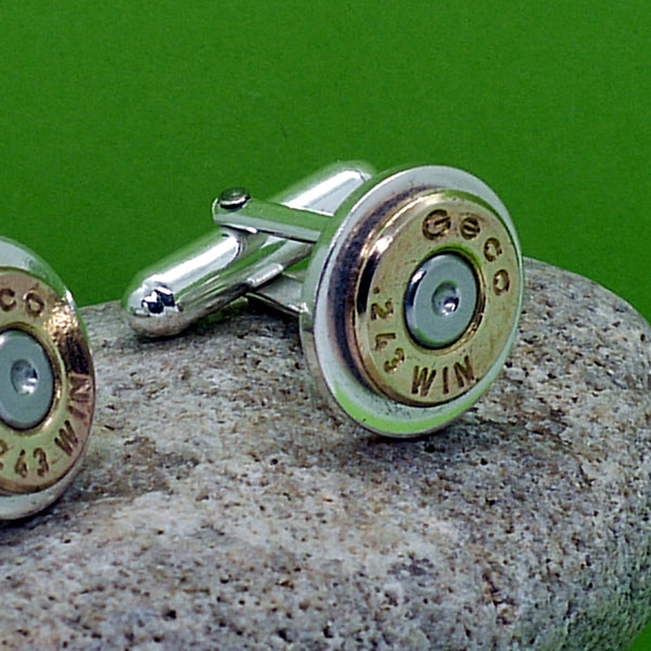Sterling silver rifle cartridge cuff links.  Handmade by Field Sports Jewellery an exhibitor to the Rural Magpie Jewellery Fair.