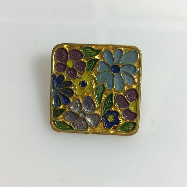 Vintage square enamel floral design brooch