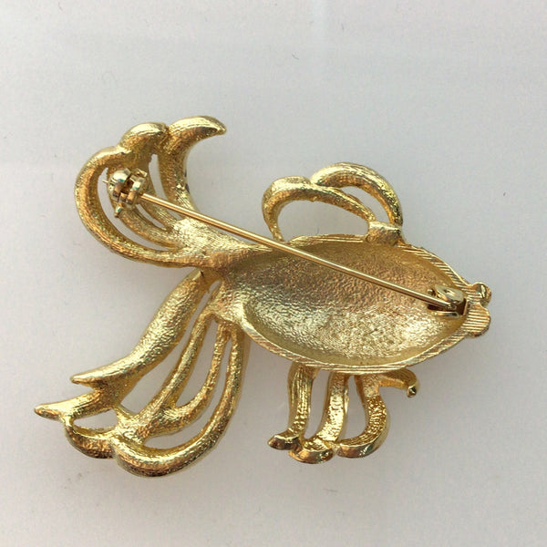 Gold tone fantail fish broch with crystals