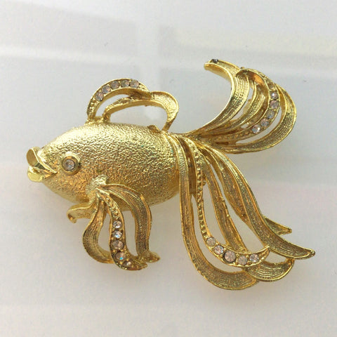 Gold Tone Fantail Fish Brooch with Crystals
