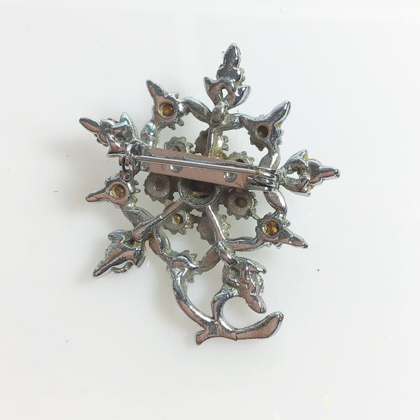 1960s silver tone rhinestone flower brooch