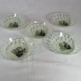 Five Oriential Print Green Glass Dishes