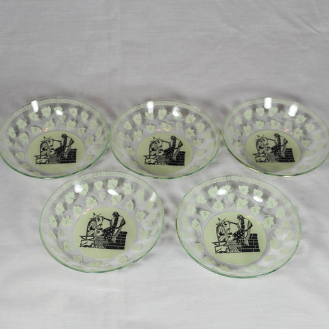 Five Oriential Print Green Glass Dishes