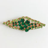 Gold tone emerald green diamond shape bar brooch