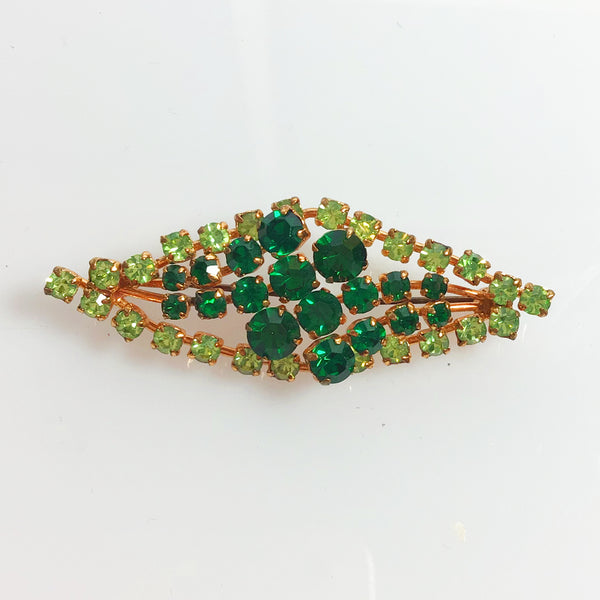 Gold tone emerald green diamond bar brooch