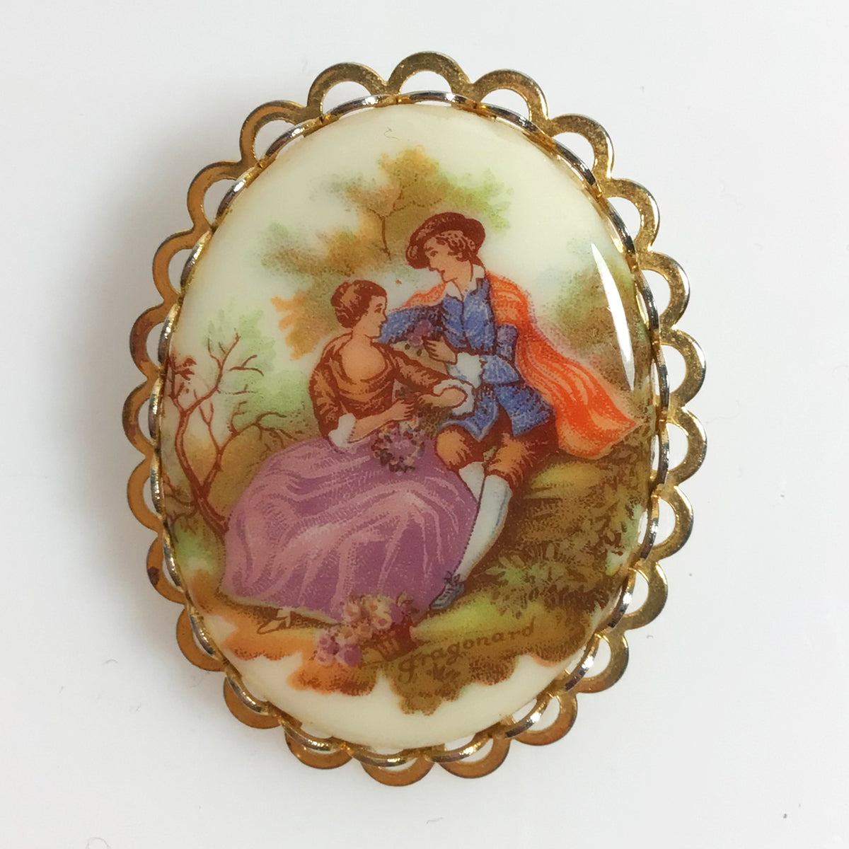 Limoges porcelain brooch Fragonard image of Courting Couple