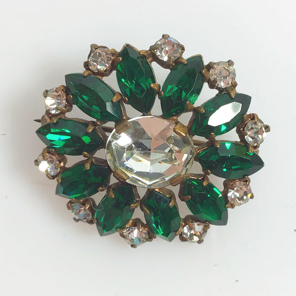 Vintage Emerald green Czech Bohemian glass brooch