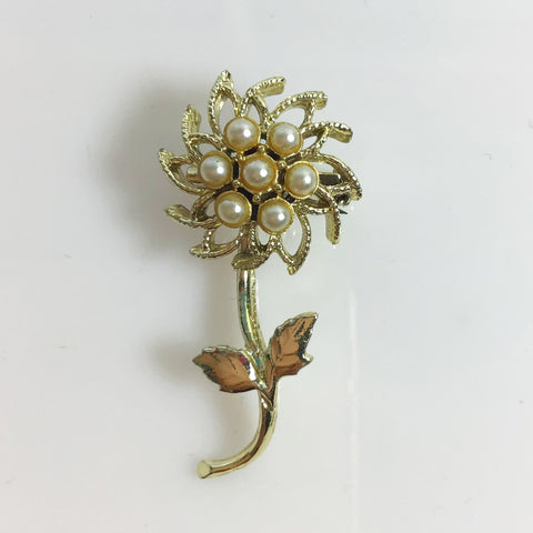 Gold Tone Single Flower with Faux Pearls