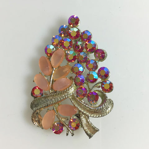 Pink Aurora Borealis and Lucite Floral Bouquet Brooch