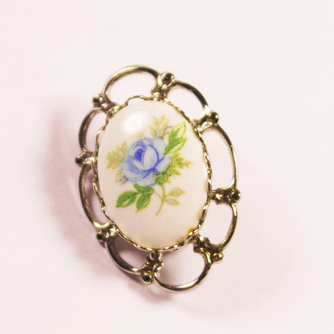 Small Porcelain Floral Blue Rose Brooch