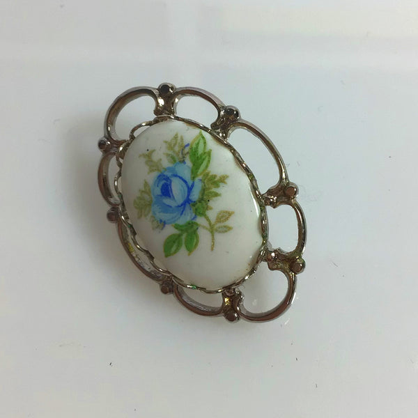Small Blue Rose Porcelain Brooch