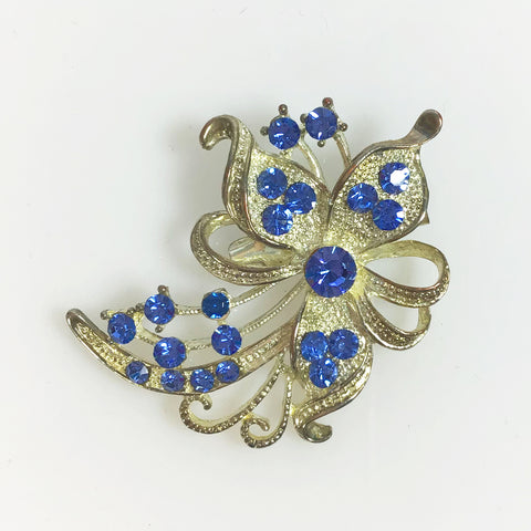 Retro Blue Floral Bow Brooch