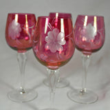 Cranberry Frosted Floral Etched Wine Glasses