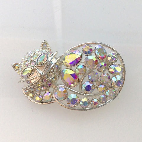 Silver Aurora Borealis Crystal Cat Brooch