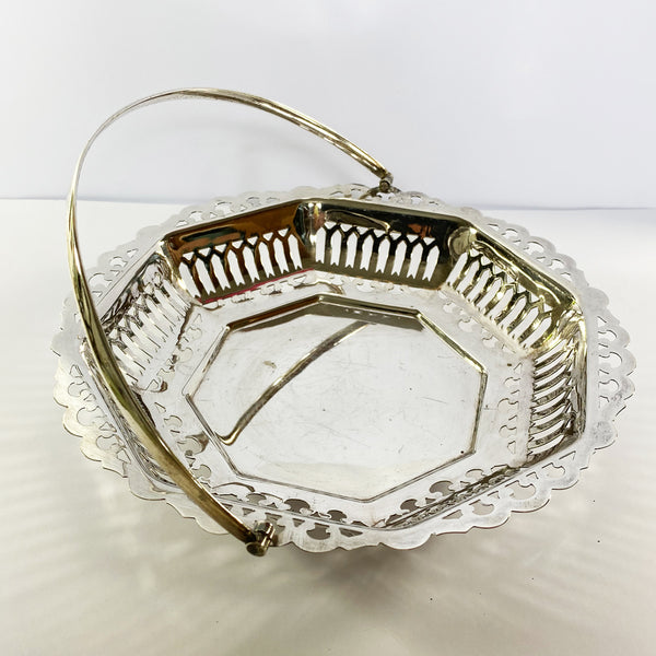 Antique Silver Plate Octagon Swing Handle Basket