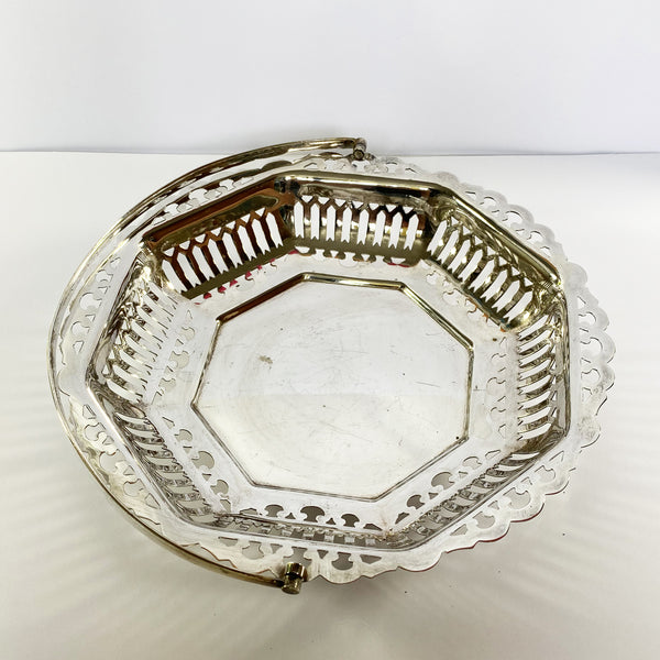 Antique Silver Plate Octagon Swing Handle Basket