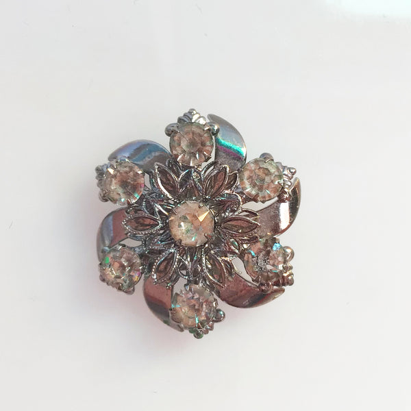 Silver Diamante Crystal Floral Rosette Brooch