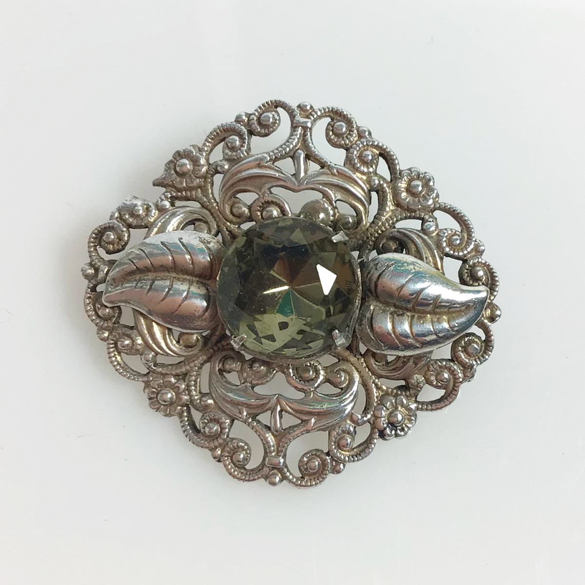 Vintage Czech filigree sterling silver smokey quartz brooch