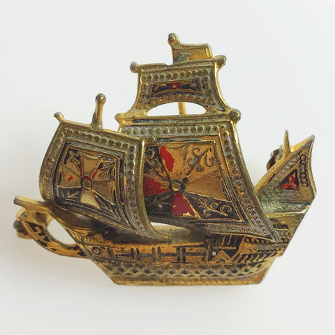 Brass and Enamel Spanish Galleon Ship Brooch