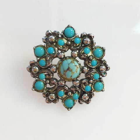 Turquoise Seed Bead Floral Brooch